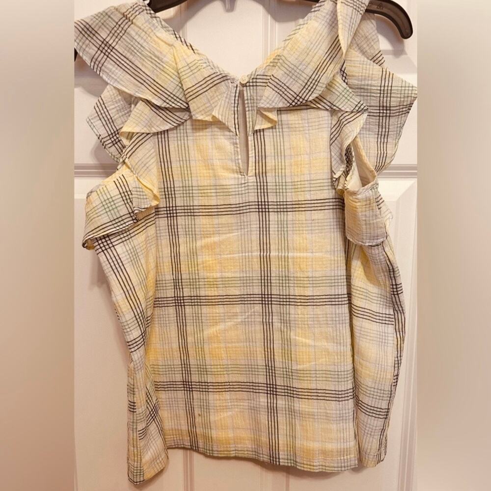LOFT Ruffle Sleeve Plaid Blouse Cottagecore Lightweight Top Small - Picture 5 of 6